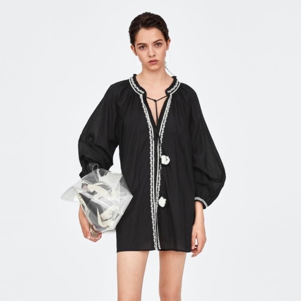 Zara black embroidered mini dress XS
